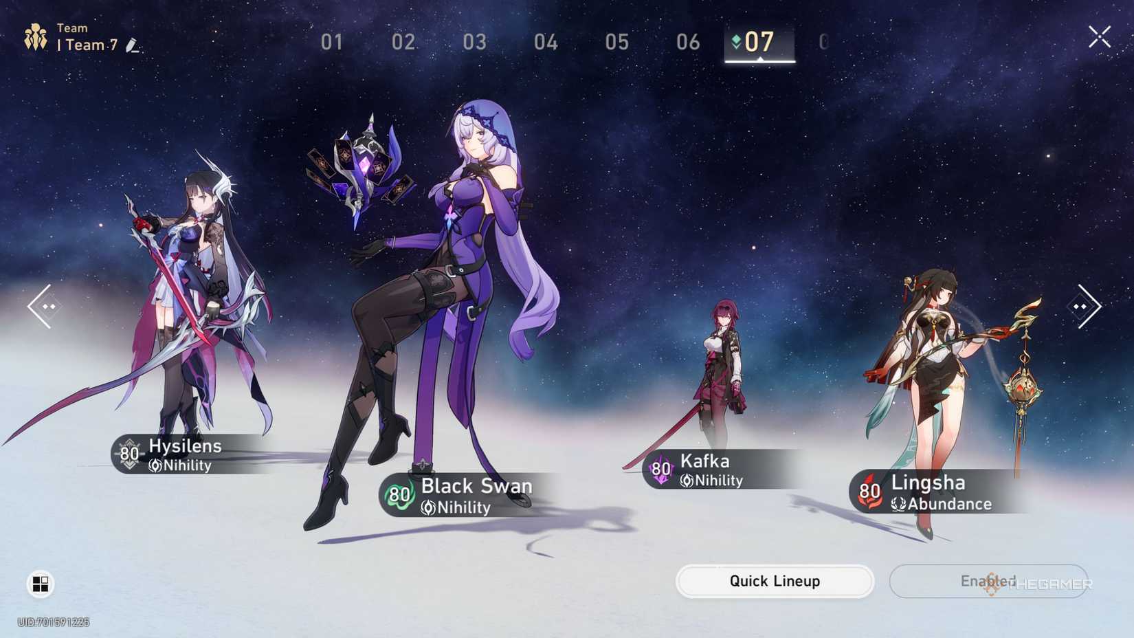 Team Honkai Star Rail Hysilens with Black Swan, Kafka and Lingsha.