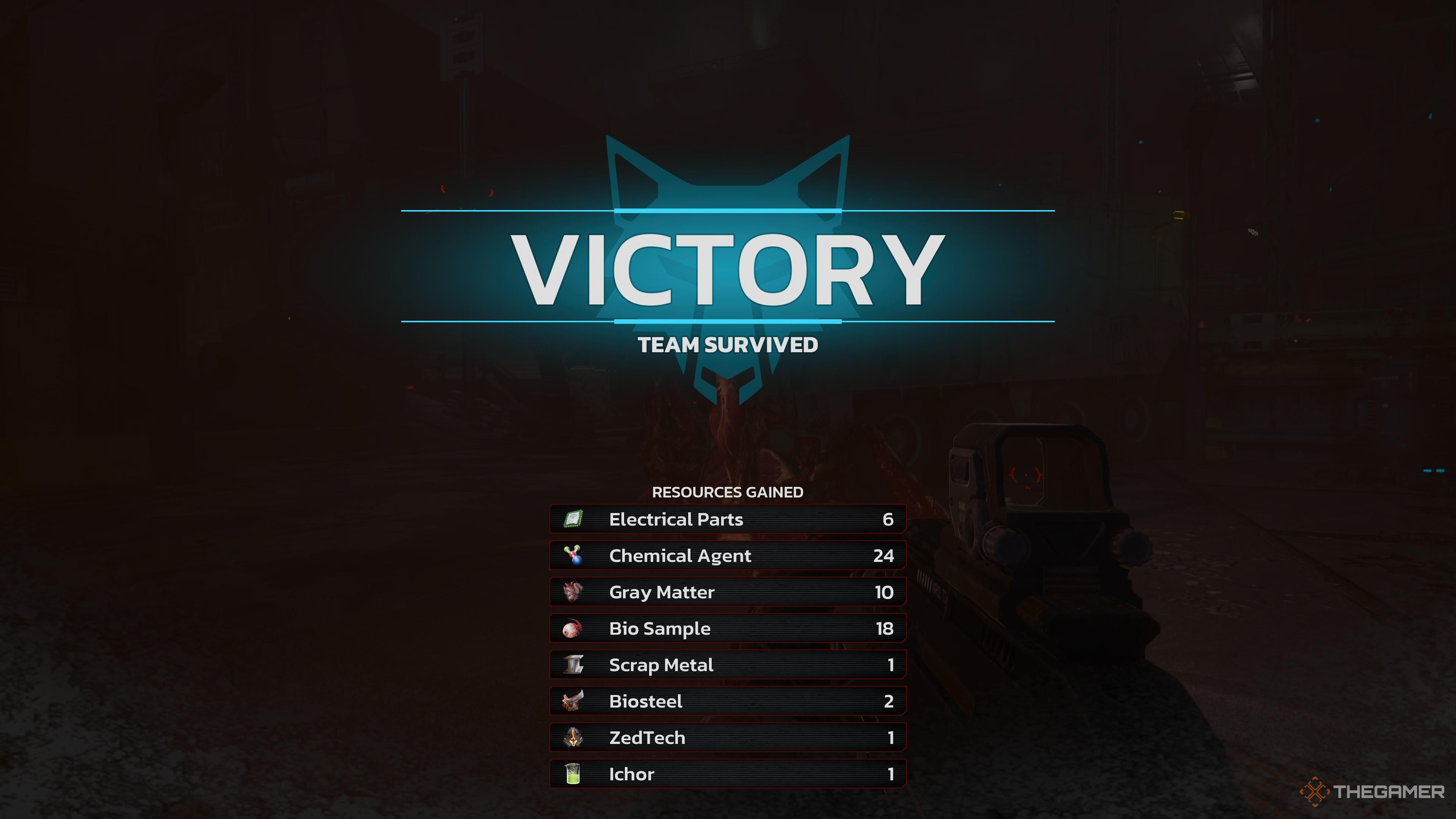 The victory screen and all resources that a player deserves in killing Floor 3.
