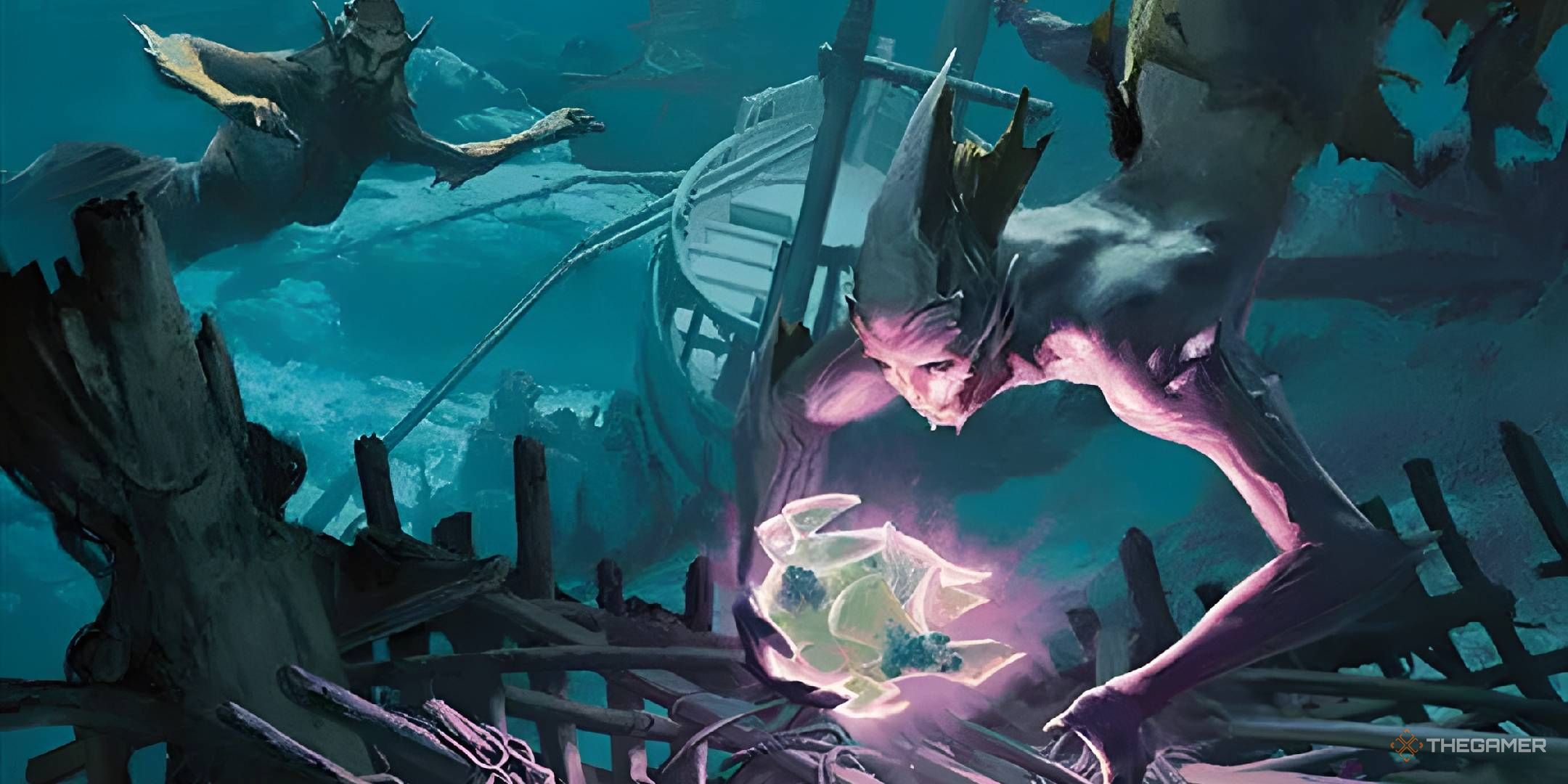 Merfolk finds shining artifacts on the shipwreck.