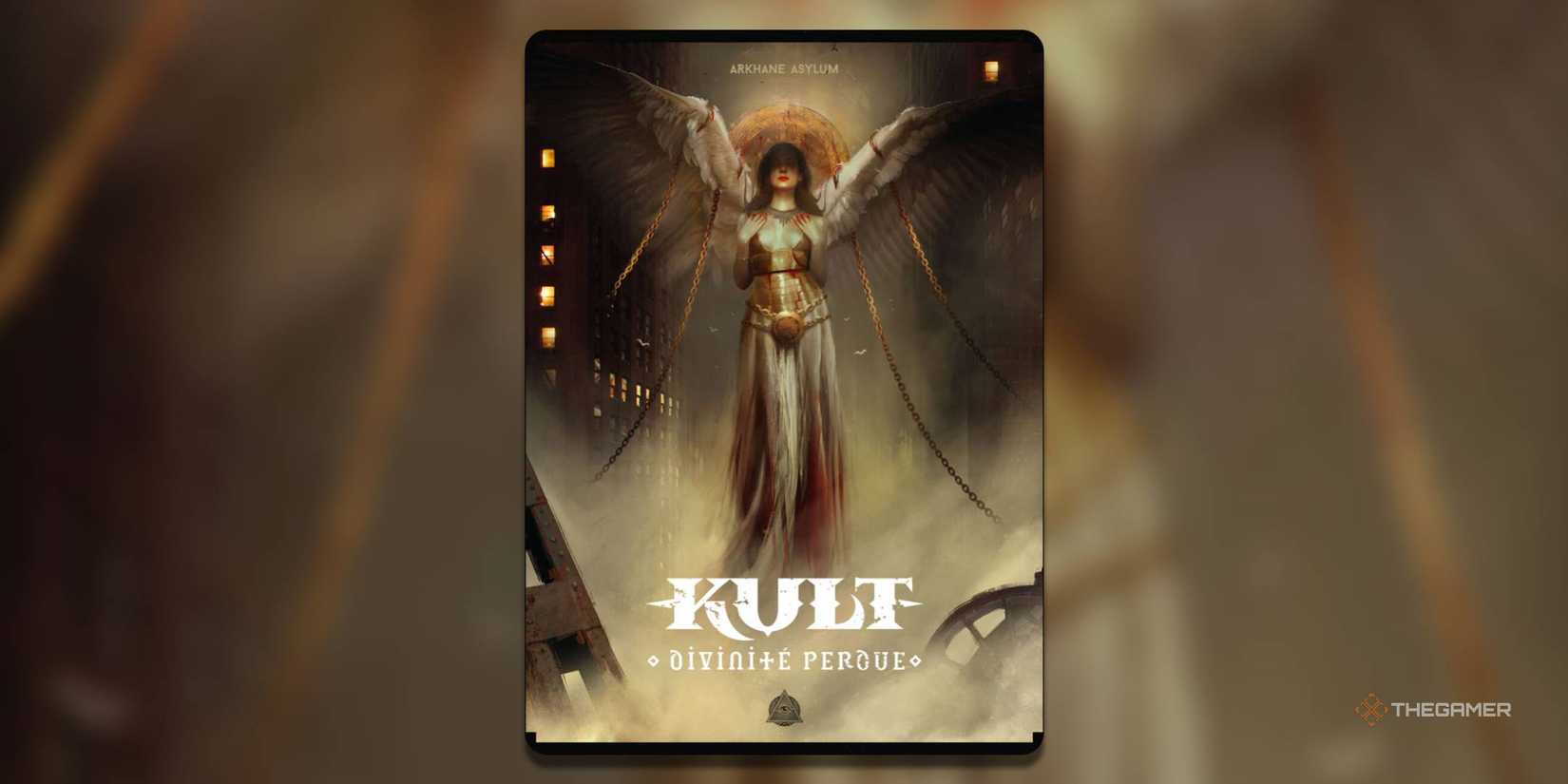 the cover of kult: divinity lost features an angel with chained wings.
