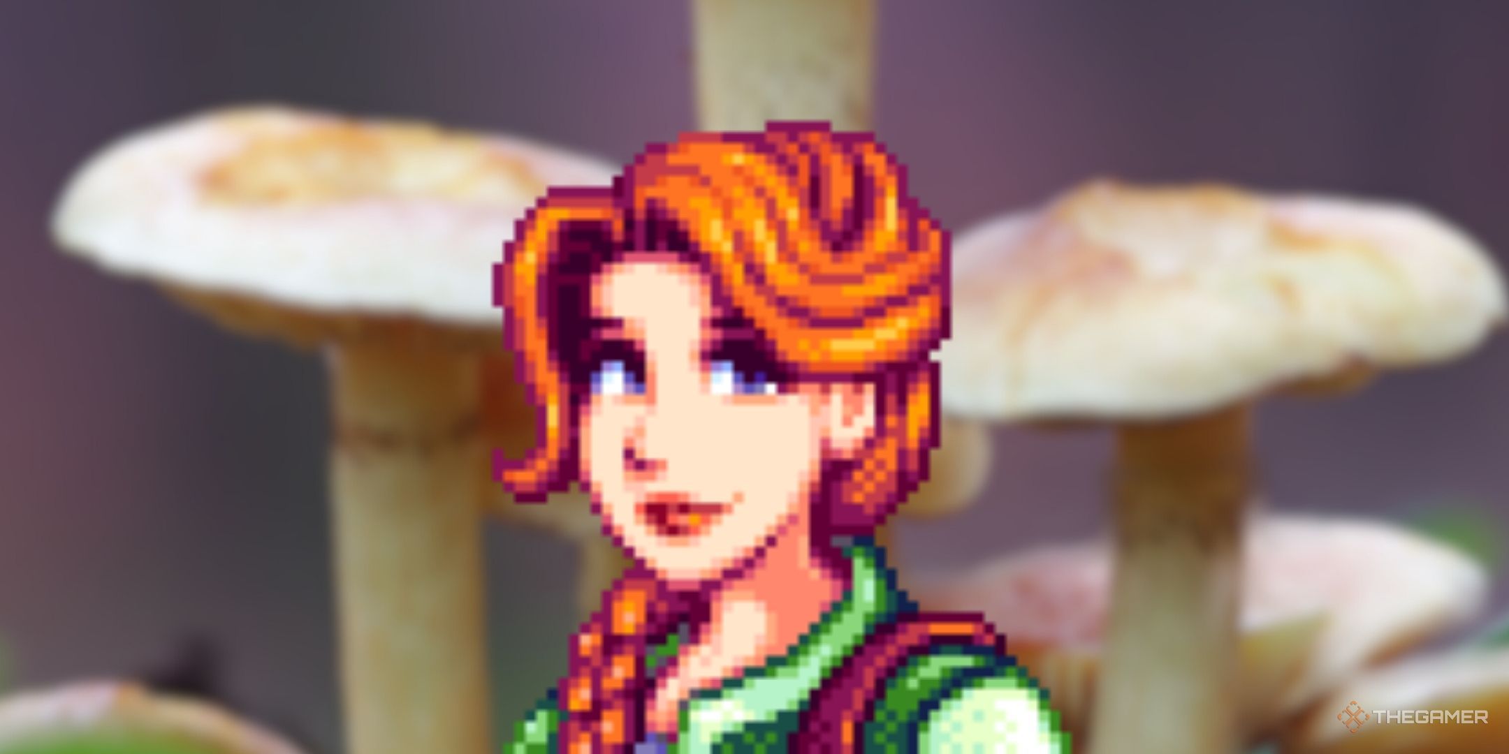 Leah of Stardew Valley in front of the image of white and brown mushrooms.