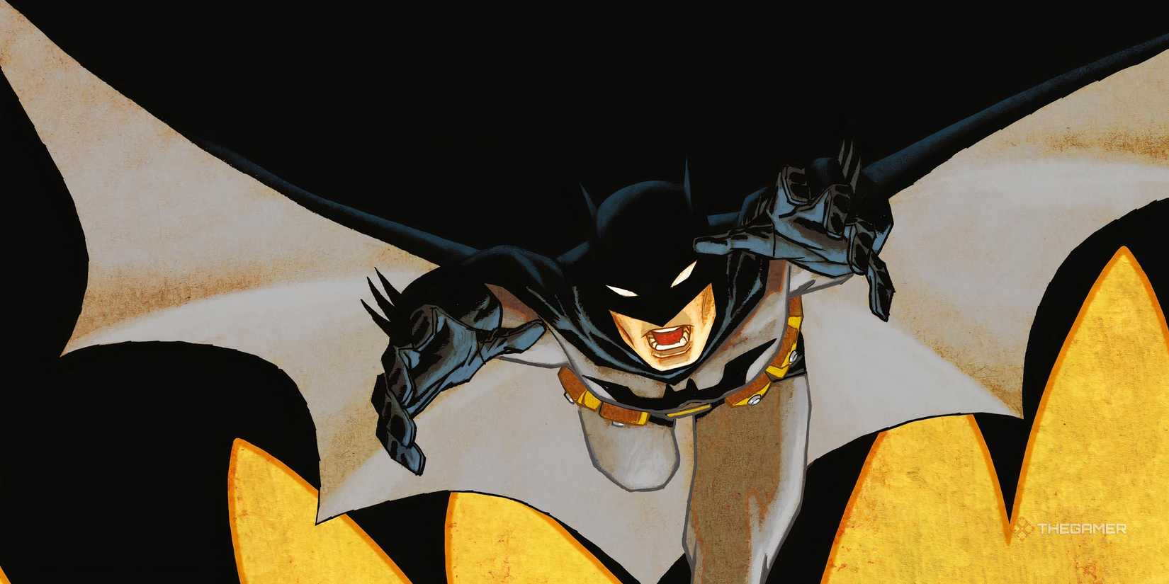 Batman dives for the camera in Batman's main art.