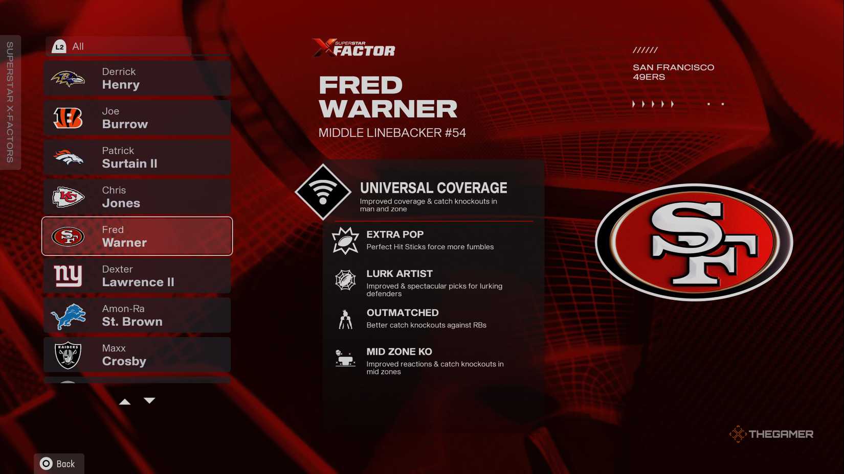 Fred Warner's X-Factor description screen in Madden NFL 26.
