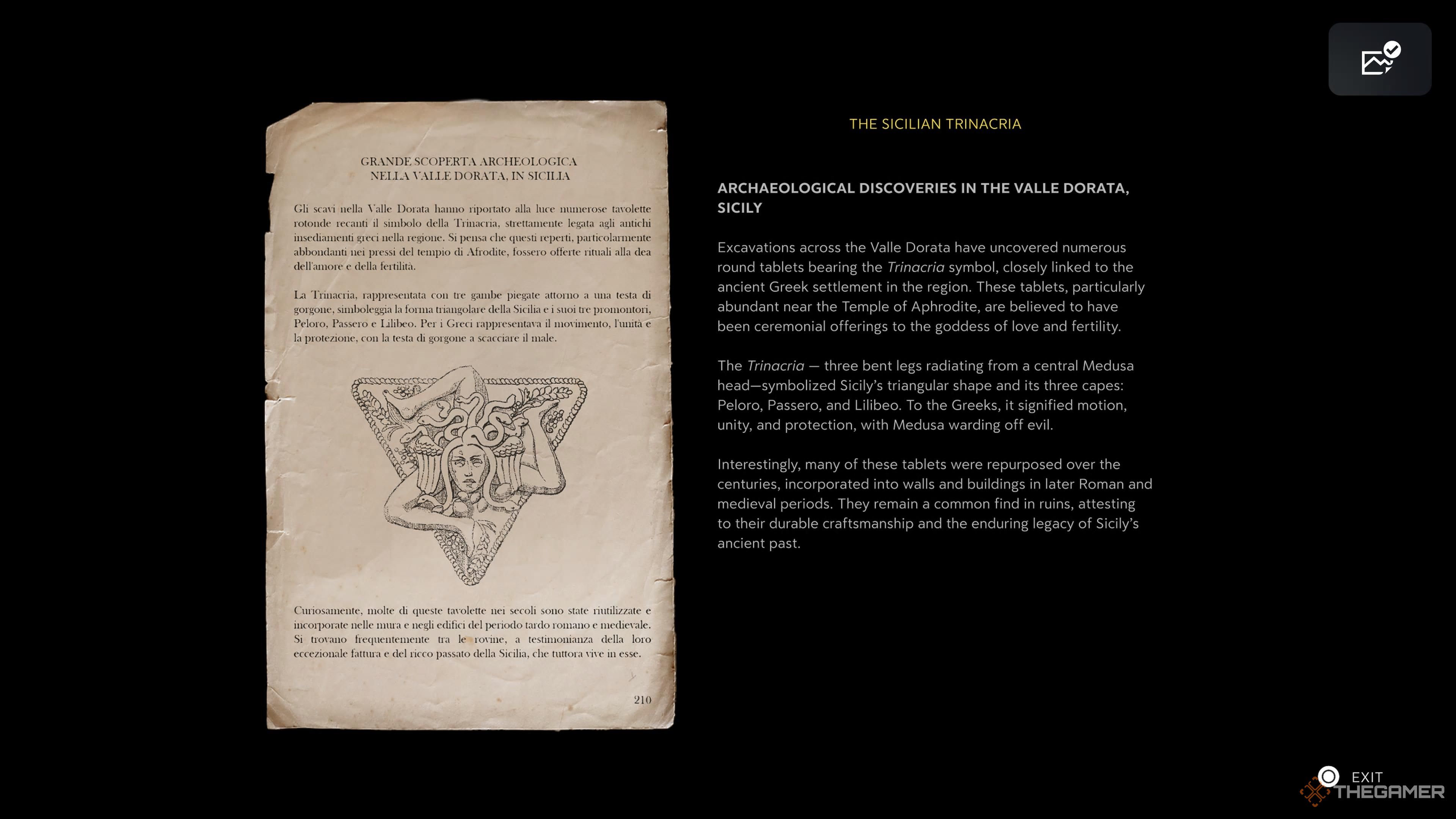 a note detailing the history and appearance of the trinacria in mafia: the old country.
