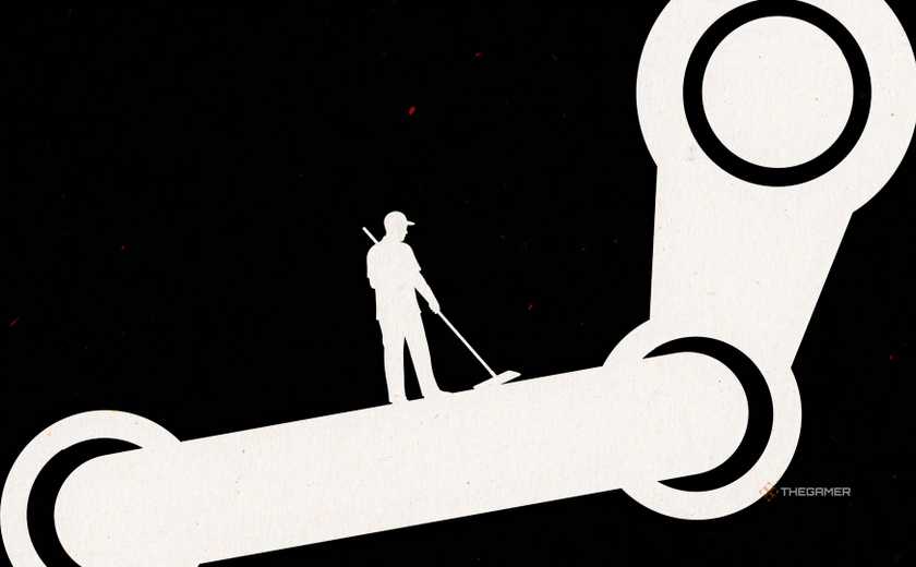 silhouette of a Man cleaning Steam logo with a broom.