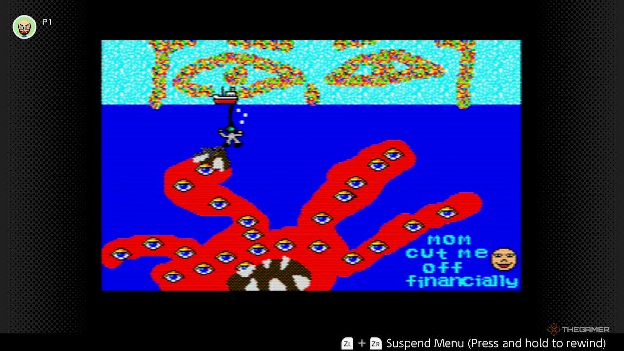 Screenshot from Mario Paint. It shows the diagram of the Red Sea monster with a dozens of eyes and giant prevails. Reads the text: "Mother cut me financially".