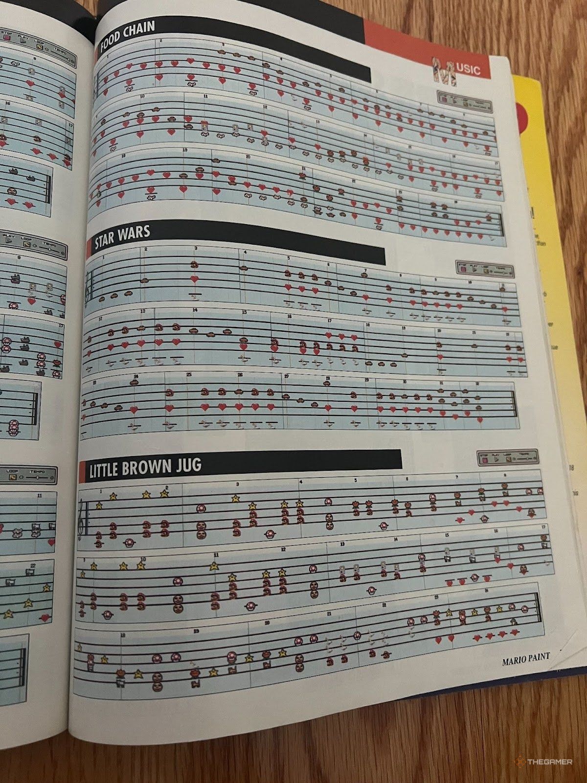 Demonstrate a picture of a page from old Mario penous strategic guidance, to create some songs in Mario's color.