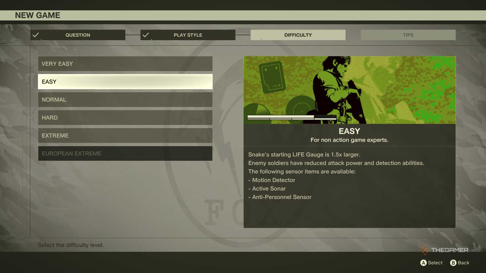 An overview of the Easy difficulty in Metal Gear Solid Delta: Snake Eater, showcasing how Snake's LIFE Gauge is increased by 1.5x and the enemy's reduced damage output and detection abilities.