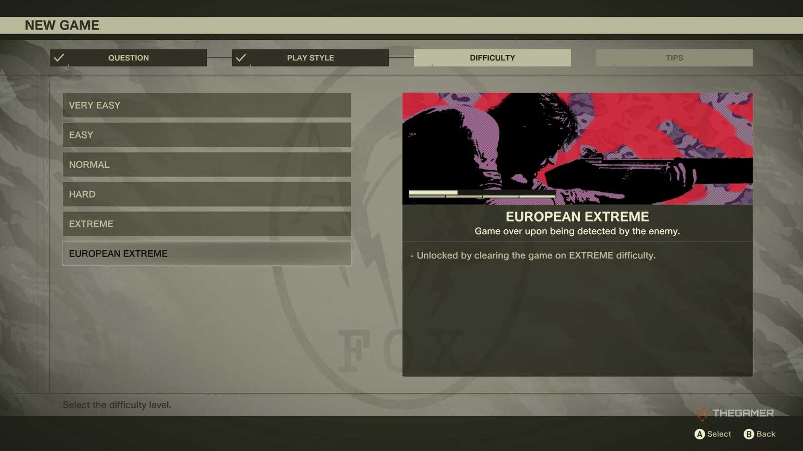 An overview of the European Extreme difficulty option, showcasing that it is unlocked after clearing the game on Extreme difficulty in Metal Gear Solid Delta: Snake Eater.