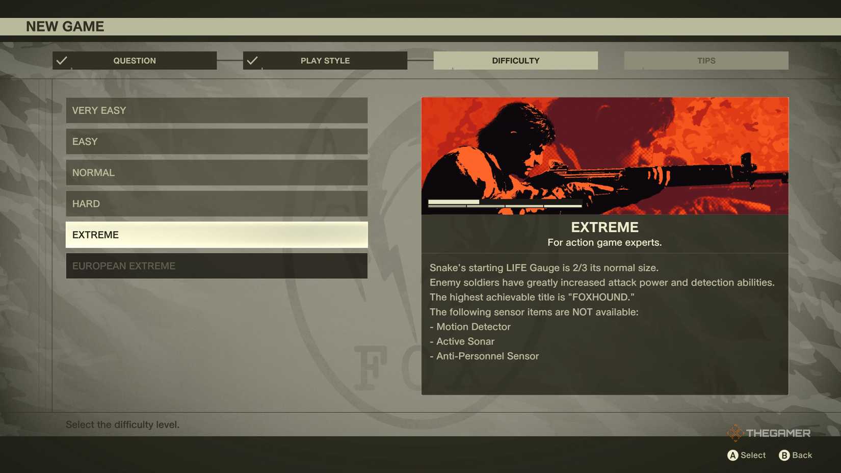 An overview of the Extreme difficulty in Metal Gear Solid Delta: Snake Eater, showcasing Snake's reduced health and the enemy's increased damage and detection abilities.