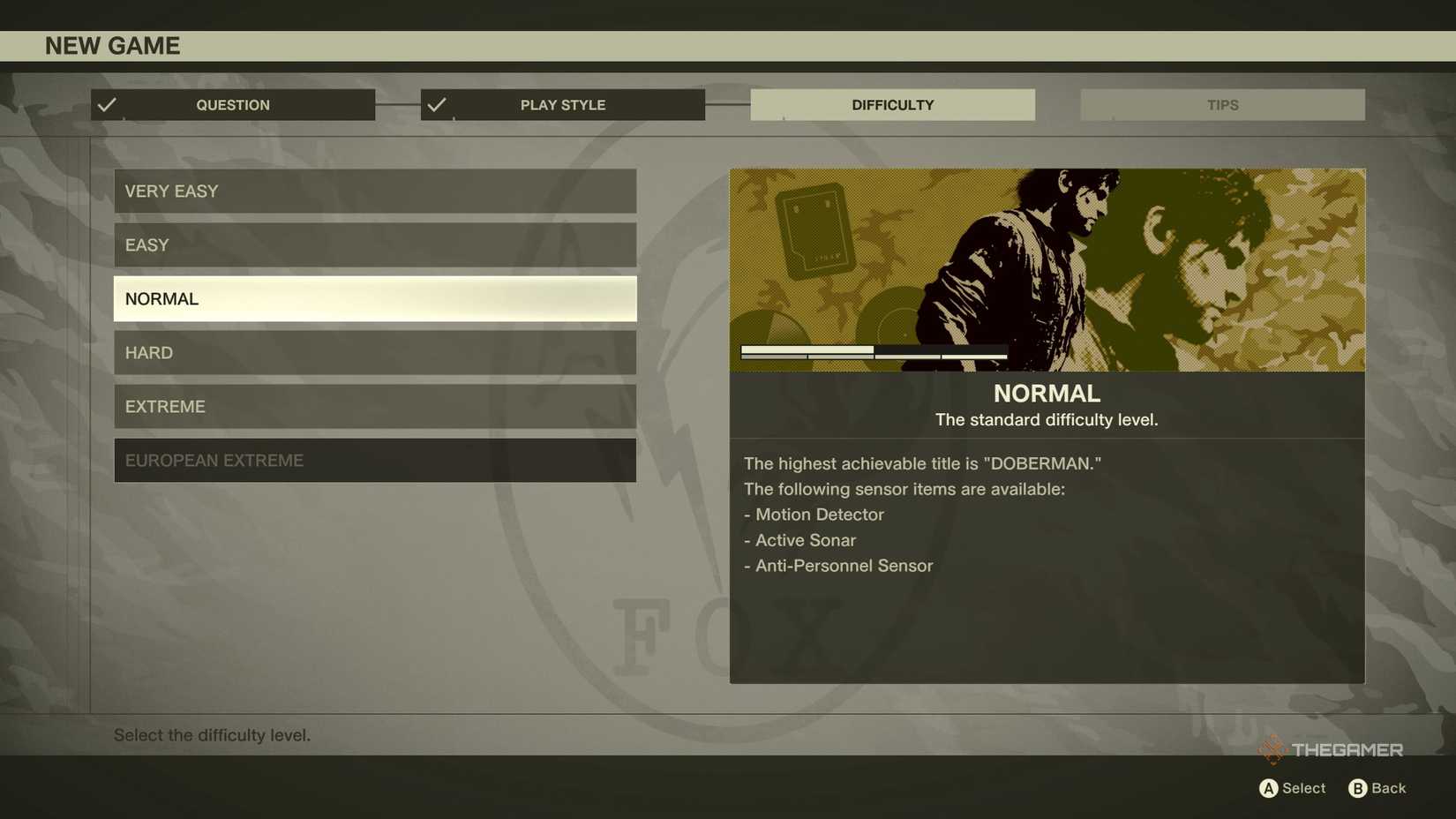 An overview of the Normal difficulty in Metal Gear Solid Delta: Snake Eater, showcasing how there are no changes to Snake or the enemies.