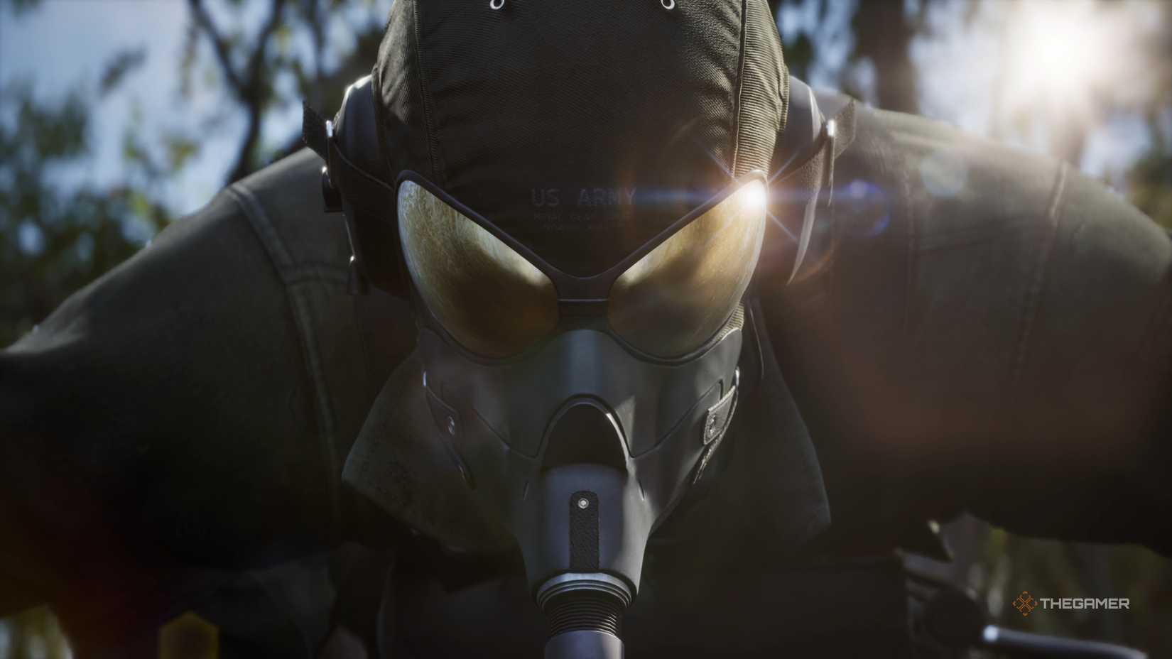 Naked Snake landing on the ground after parachuting out of an attack helicopter, wearing a Flight Helmet, in Metal Gear Solid Delta: Snake Eater.