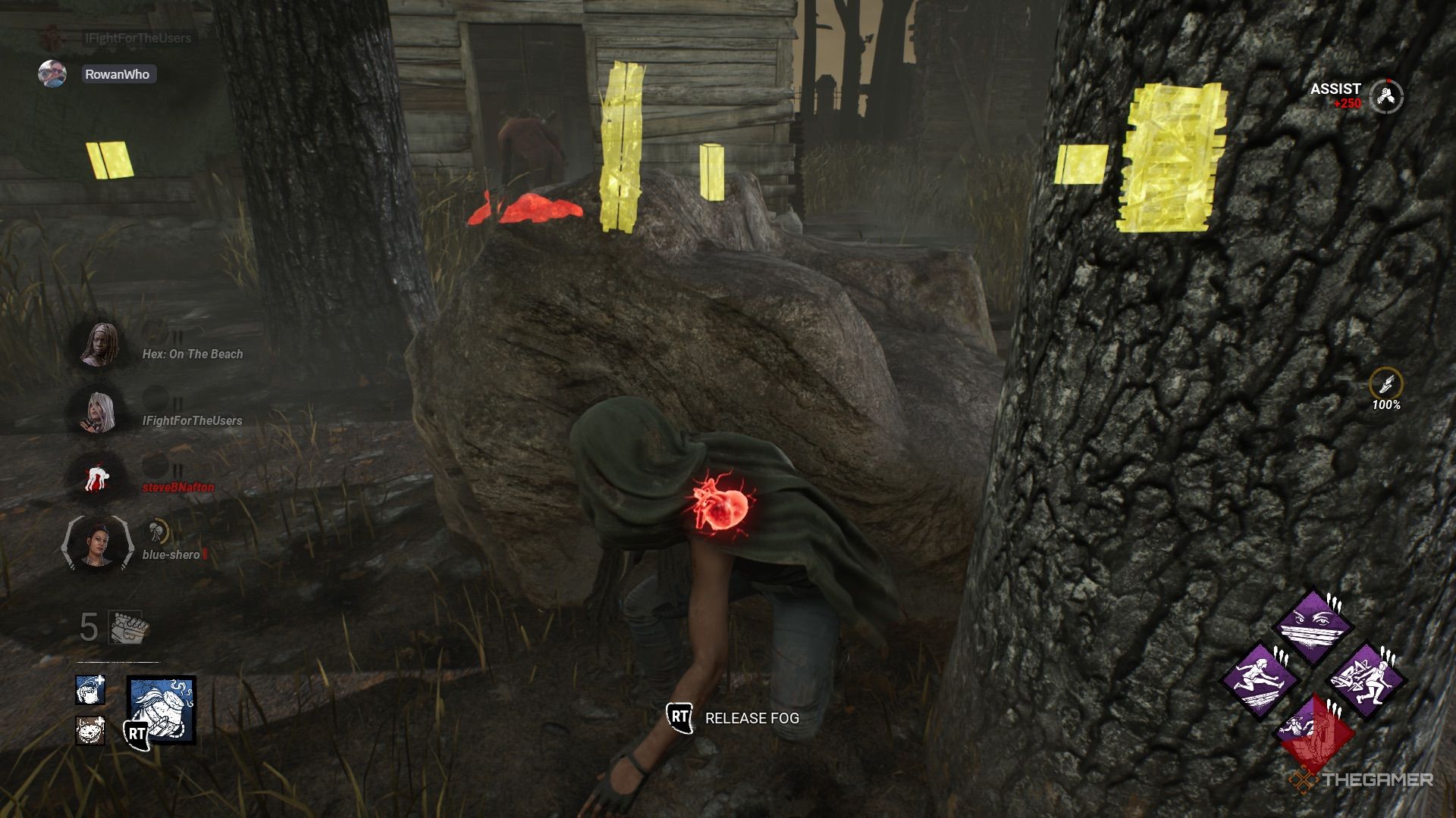 Michonne crouches near the rock in a dead daylight.