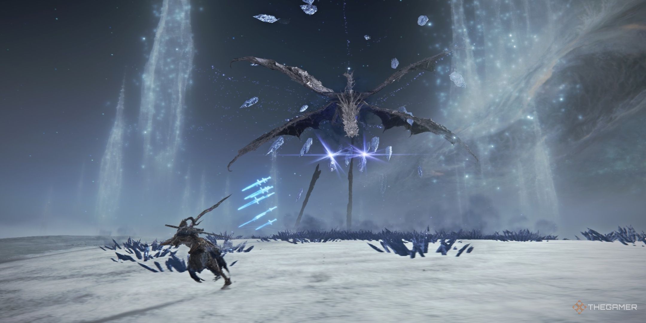 Wylder runs away from a divebombing Everdark Sovereign Caligo in Elden Ring Nightreign.