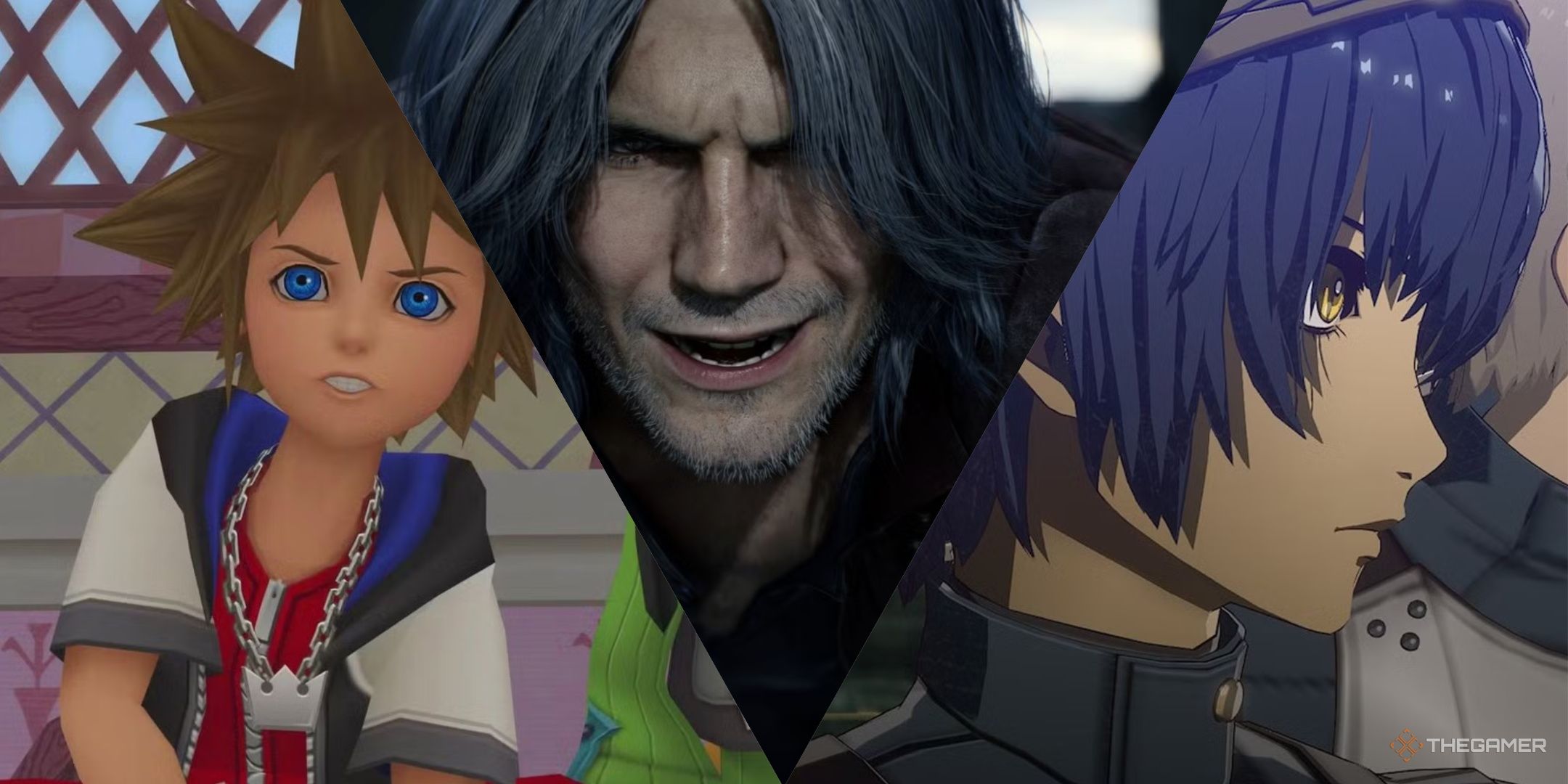 Sora in Kingdom Hearts 1, Dante grinning in Devil May Cry 5, an Will looking to the right in Metaphor, left to right.