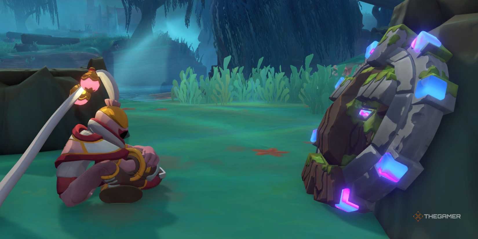 The knight sits with his shield.