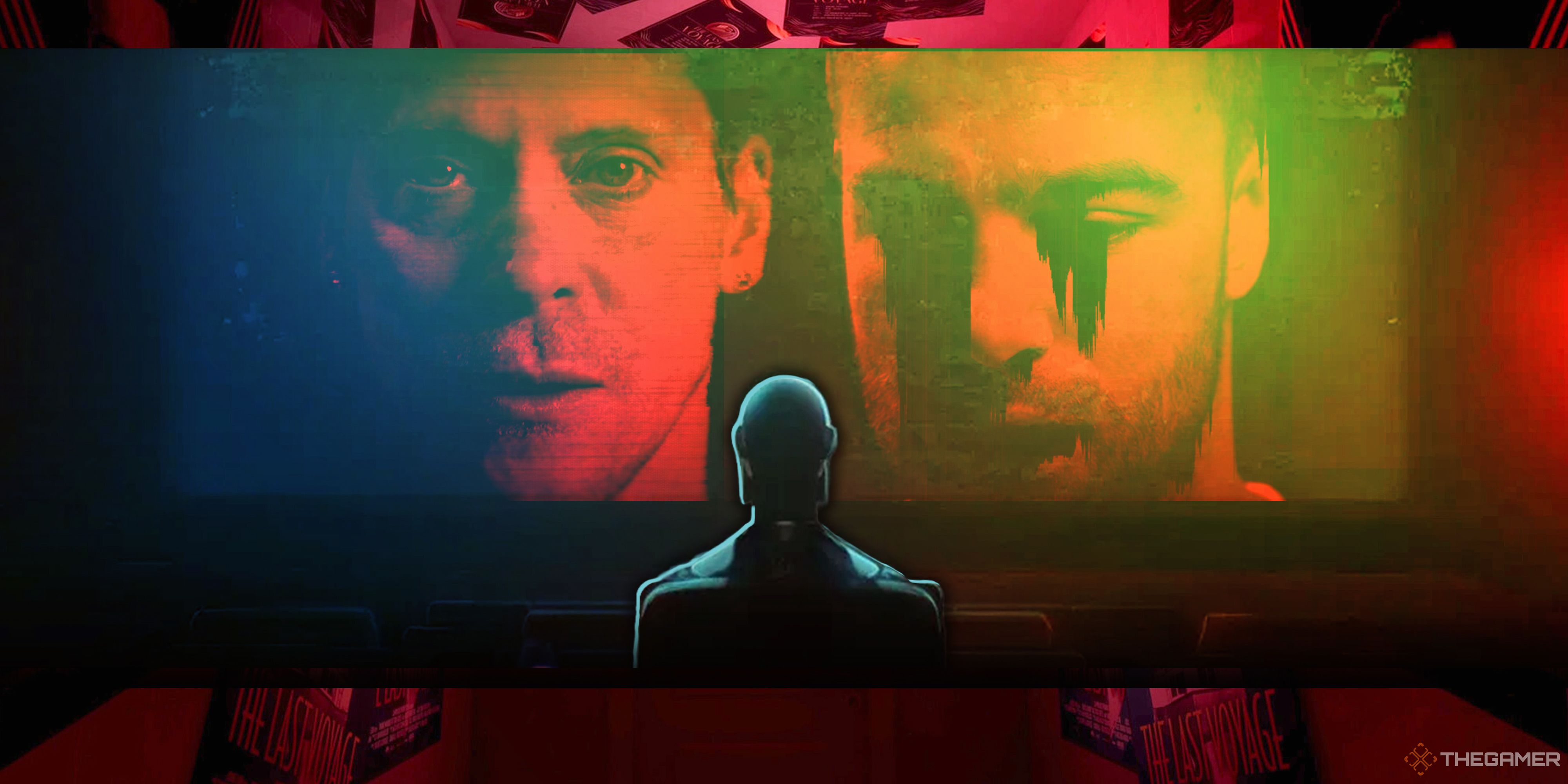 Neil Newbon and Ben Starr with black tears on a movie screen in front of a director's seat in Dead Take.