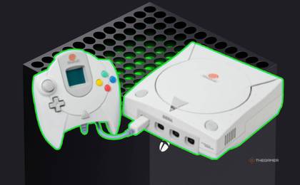 sega dreamcast and controller with the top of an xbox series x behind it.