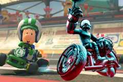 baby luigi about to collide with a drag x drive player in mario kart world.