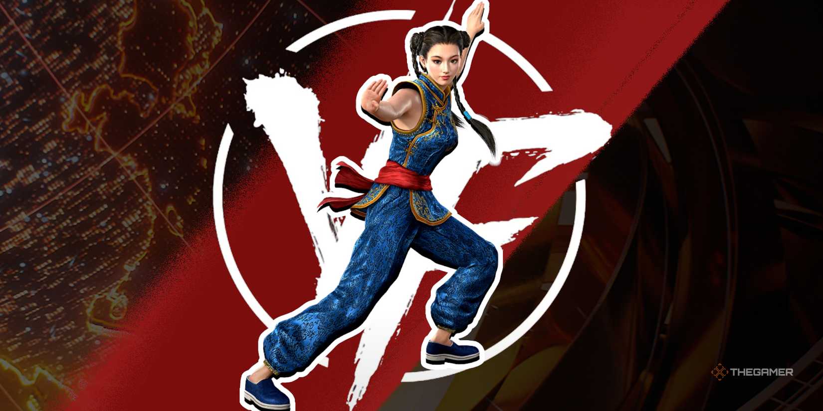 PAI Chan poses in front of the Virtua Fighter 6 logo.
