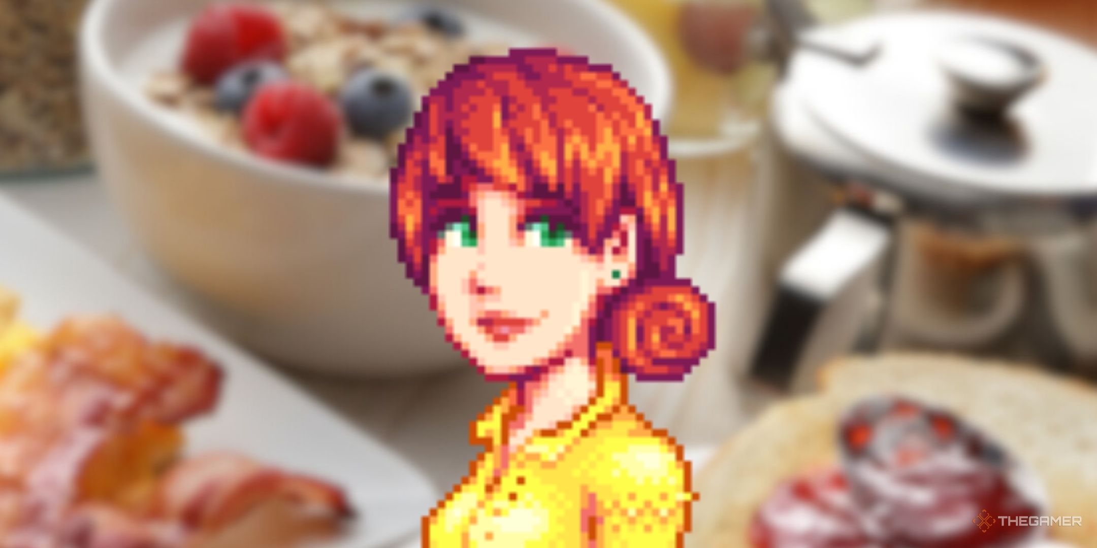 Stardew Valley's penny is in front of the blurry image of the morning table filled with other foods.