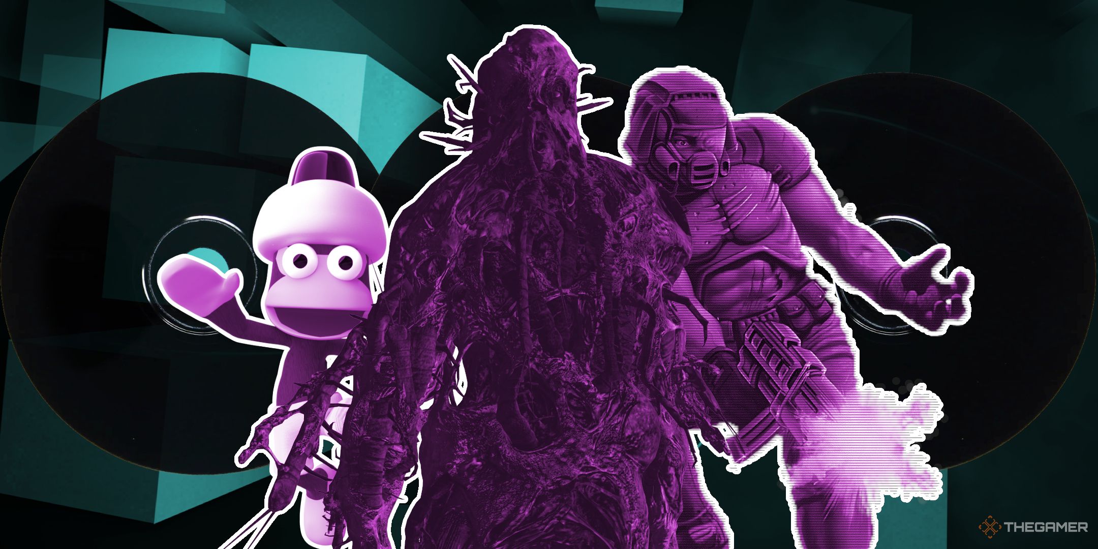 Resident Evil 7 Mold Monster, Ape Escape Monkey, and Doom Slayer in front of three demo discs in front of the PlayStation 2 background.