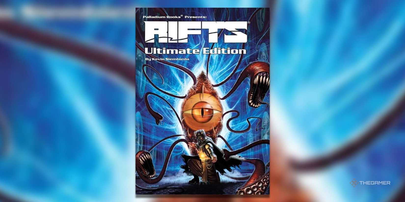 a cybernetic hero stands in front of a rift as a large eyeball and toothy tentacles attempt to emerge on the cover of rifts ultimate edition.