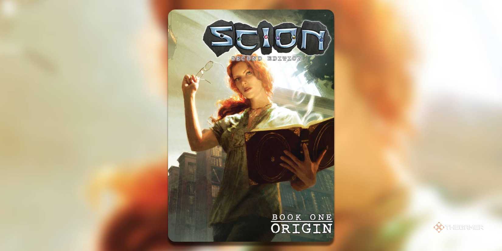 a red-haired woman holds eyeglasses and a magic book on the cover of scion: origin second edition.