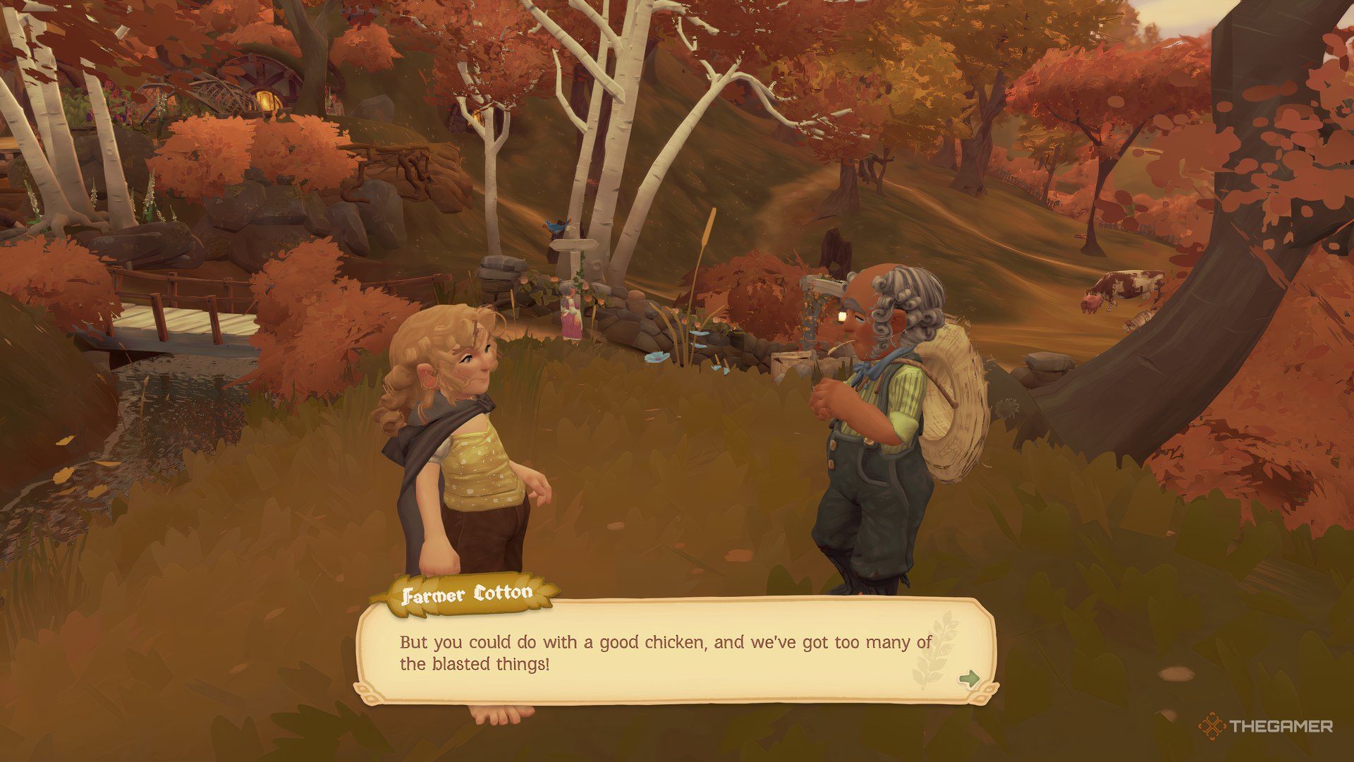 The player talks to Farmer Cotton about chickens in Shire stories.