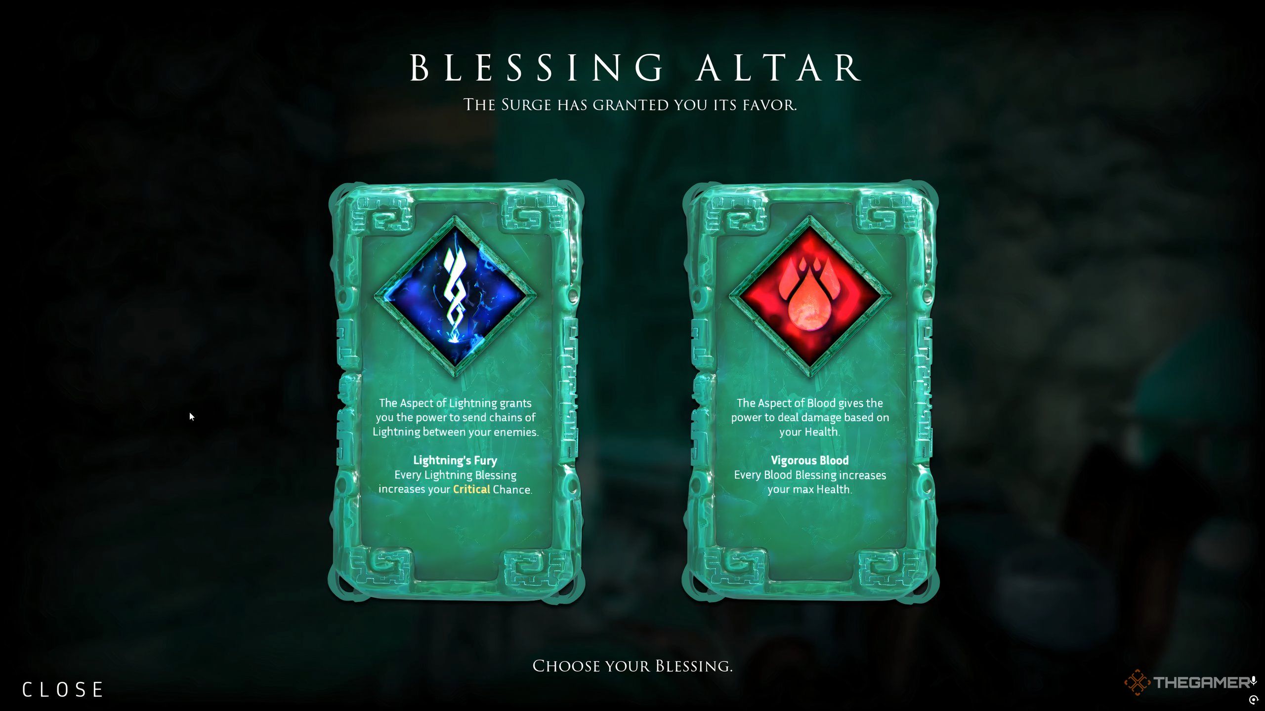 A blessing menu screen in Abyssus showing two aspects.