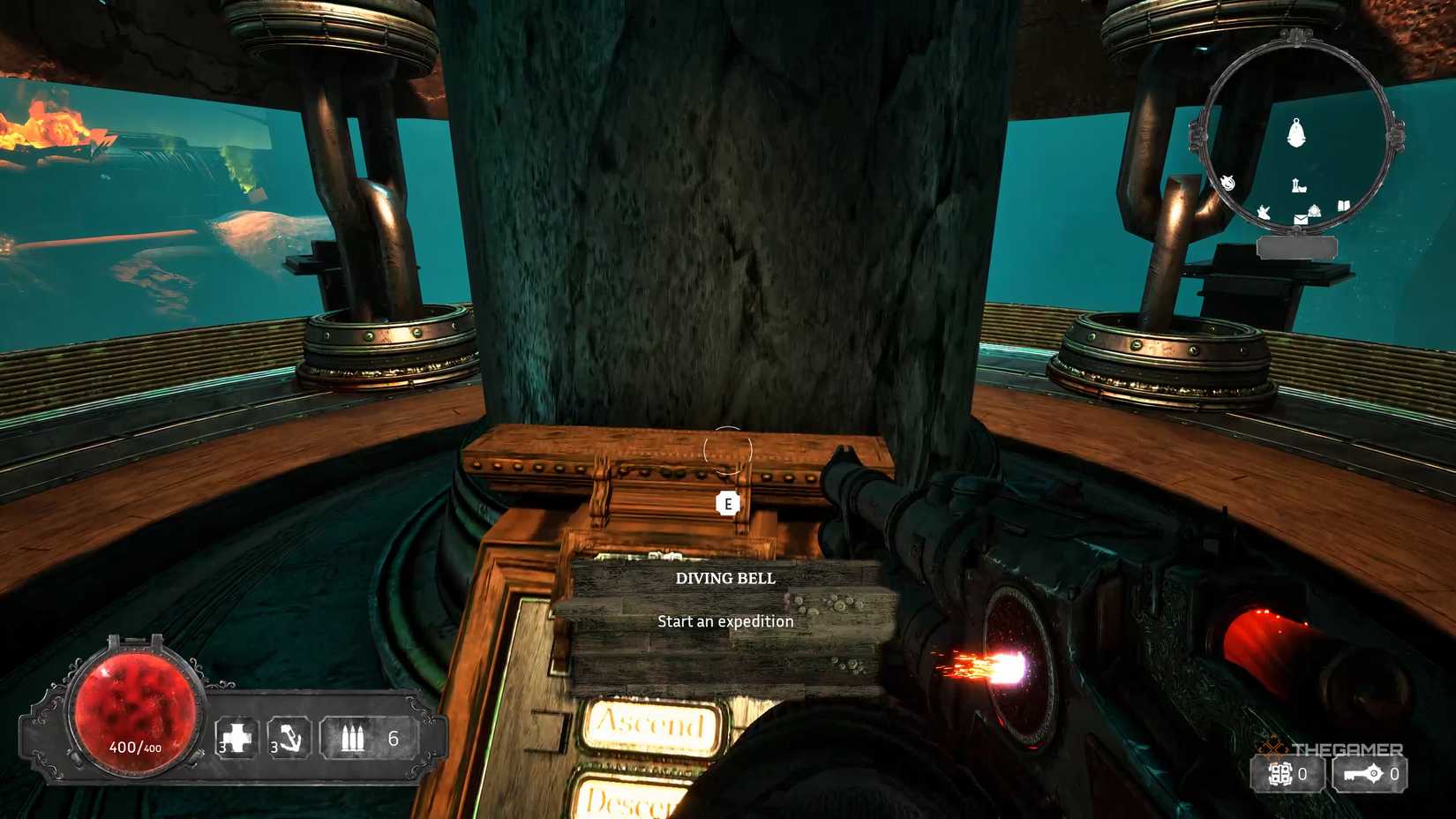 A player who wields a shotgun starting his diving expedition in ABYSSUS.