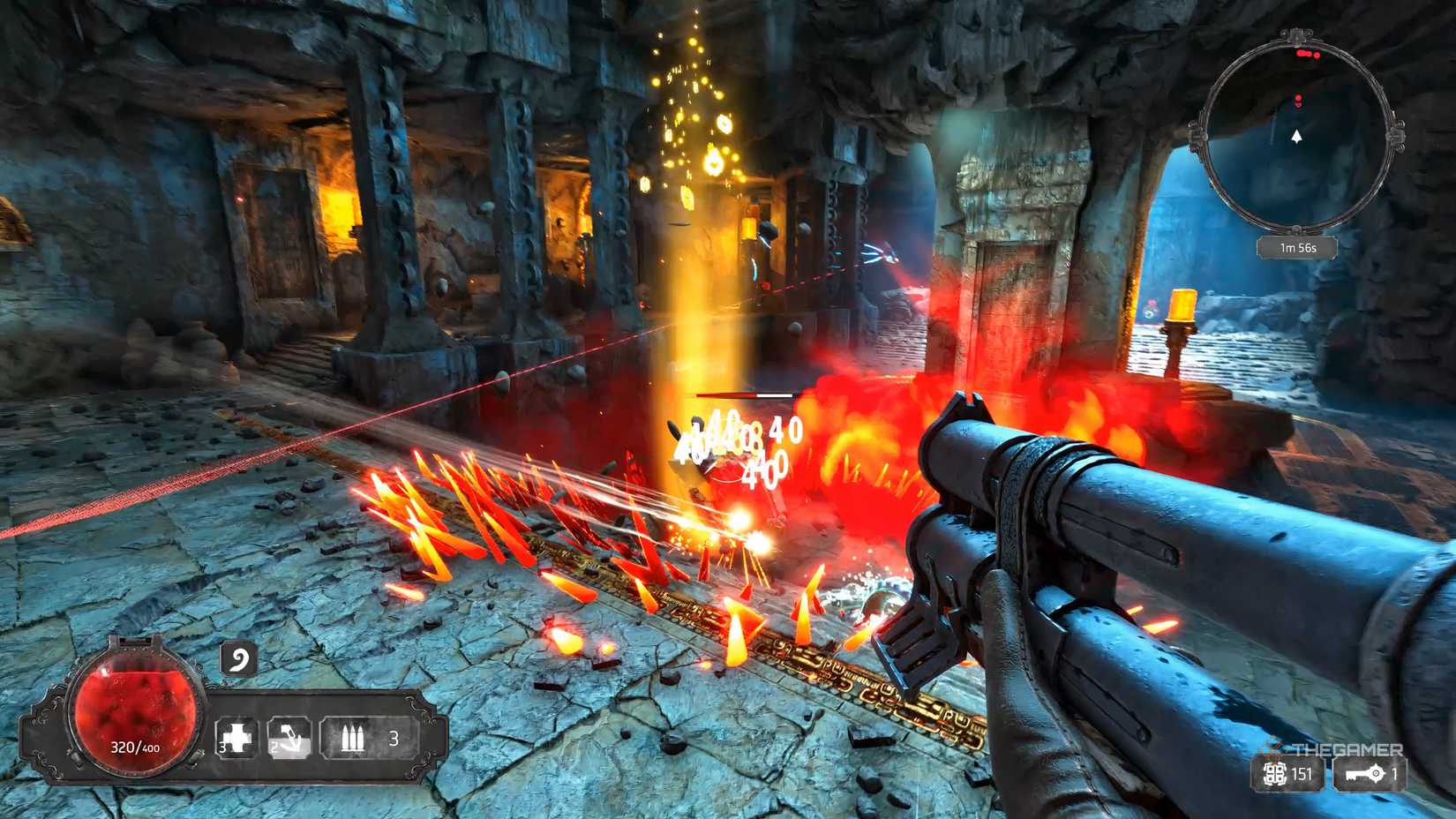 A player who fires on an enemy in an abandoned temple in Abyssus.