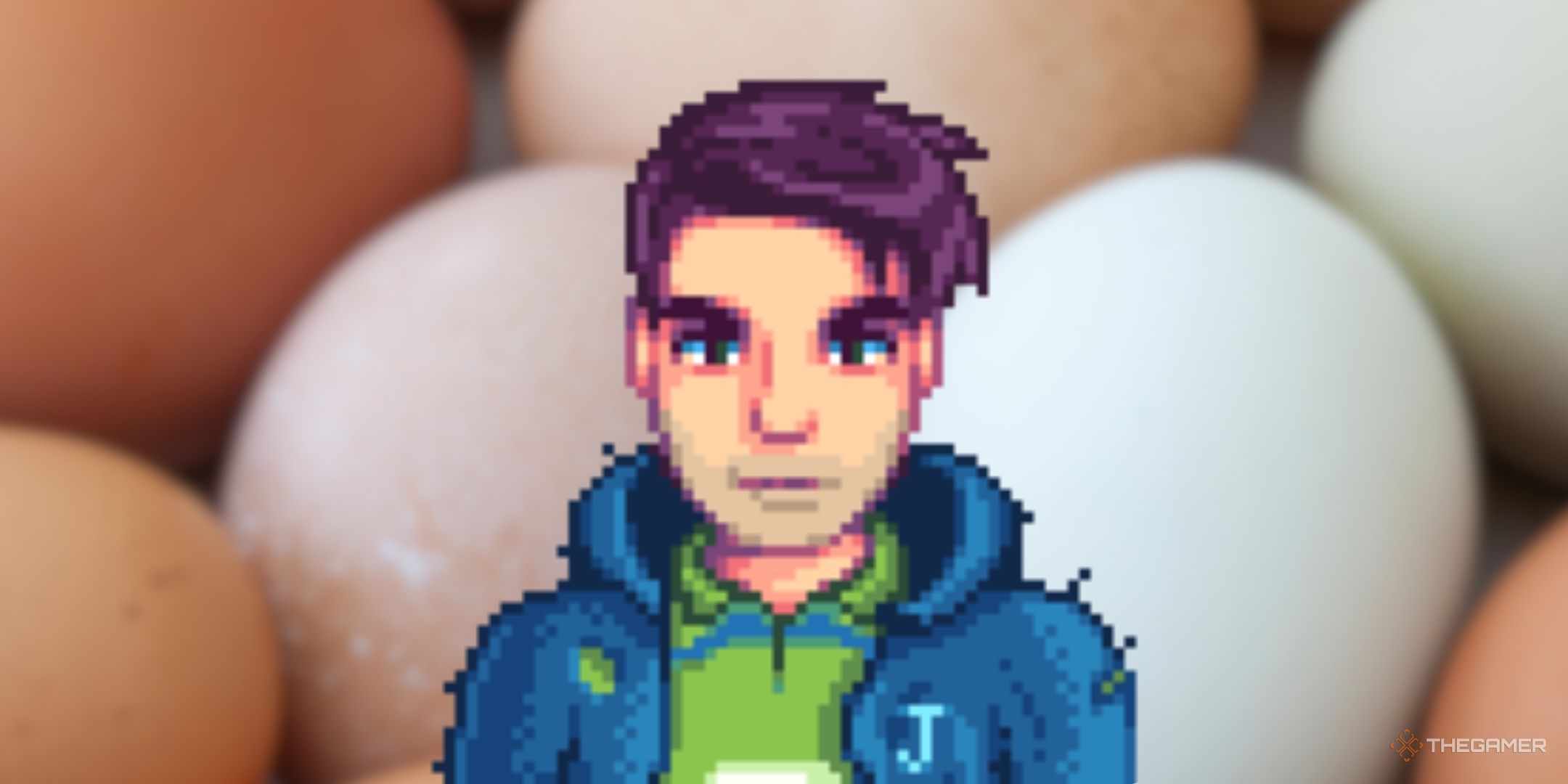 SHANE of Stardew Valley in front of the image of brown and white eggs.