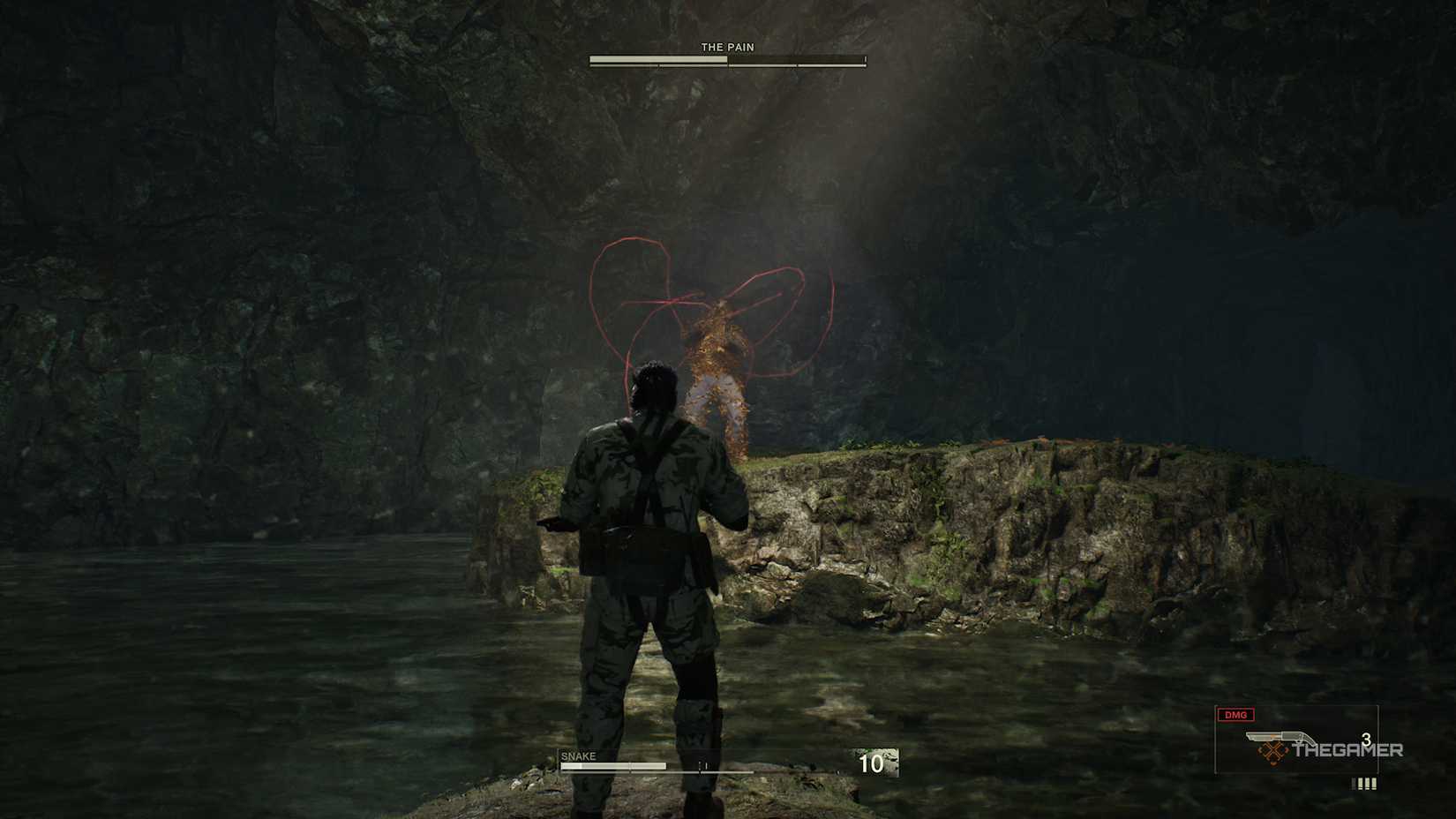 Snake looking at The Pain who is covered in hornets in Metal Gear Solid Delta Snake Eater.