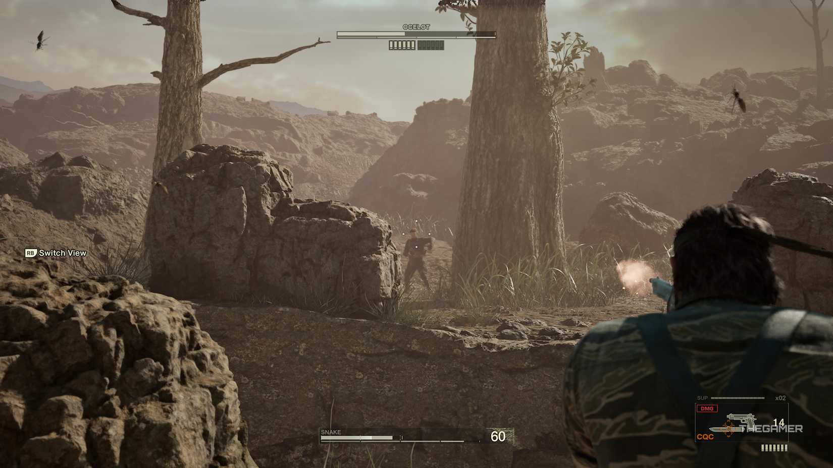 Snake shooting in OCELOT in the boss battle of a metal gear solid delta snake.