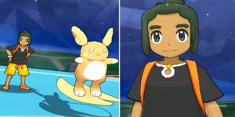 Split image of Hau and an Alolan Raichu in battle and a shot of Hau smiling in Pokemon Sun and Moon.
