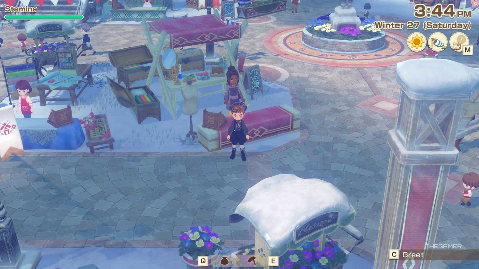 Story of Season's Grand Bazaar standing in front of the fashion hall.