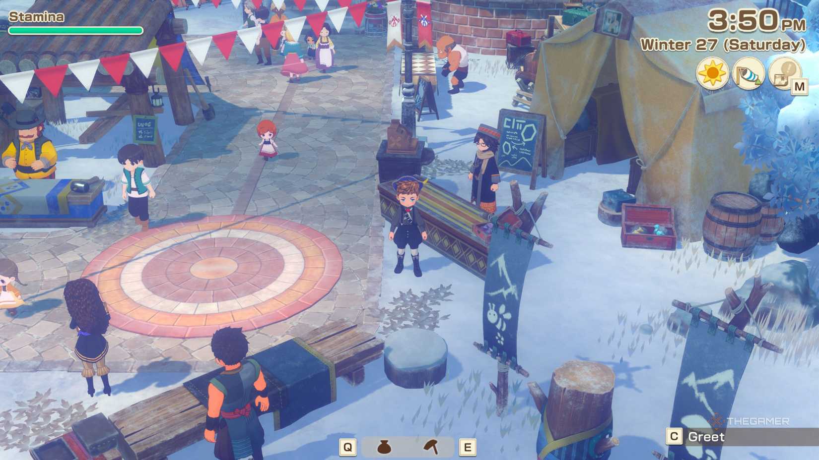 Story of Season's Grand Bazaar standing in front of Lloyd Stall.