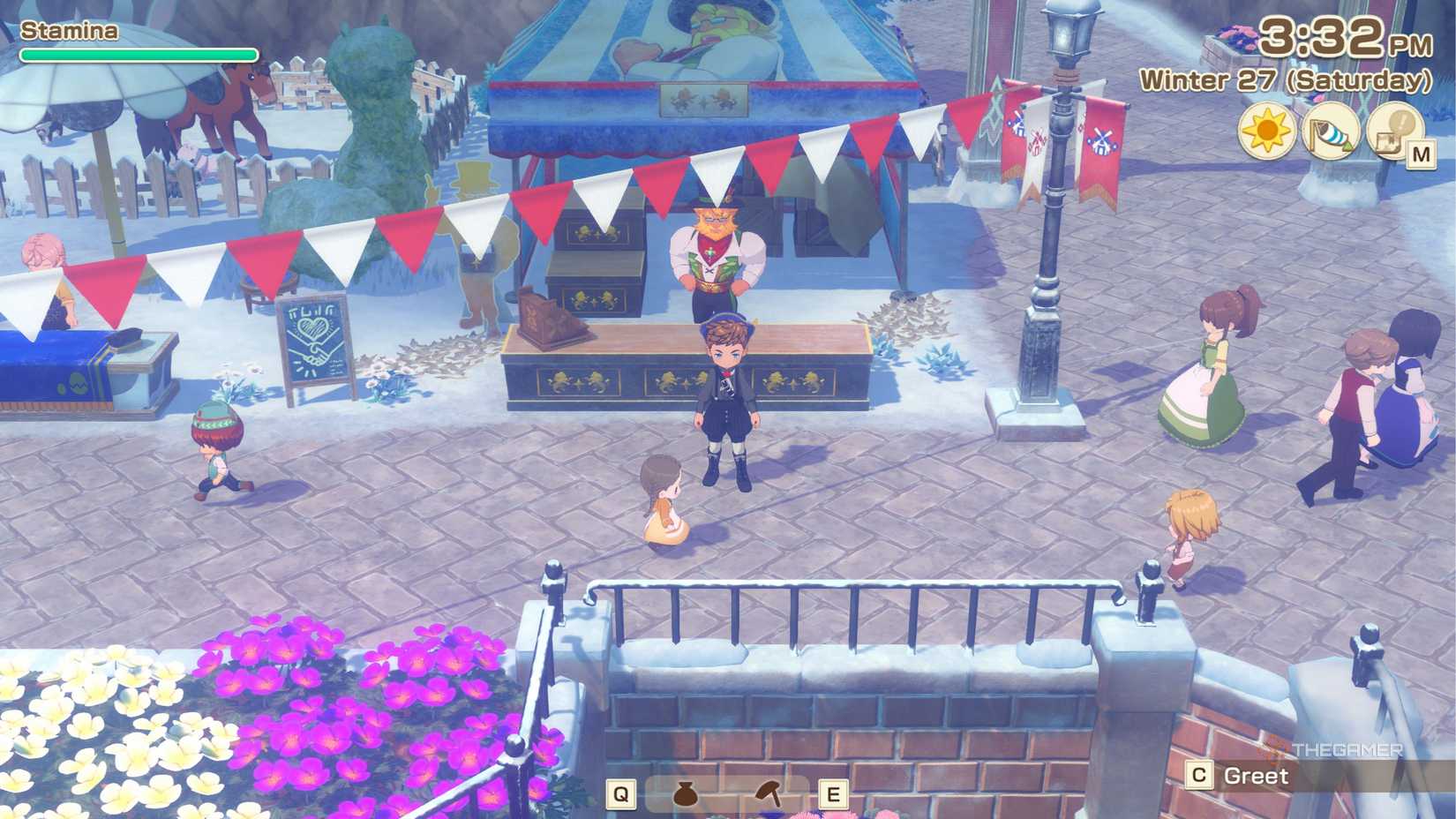 Story of Season's Grand Bazaar standing in front of the mayor's booth.