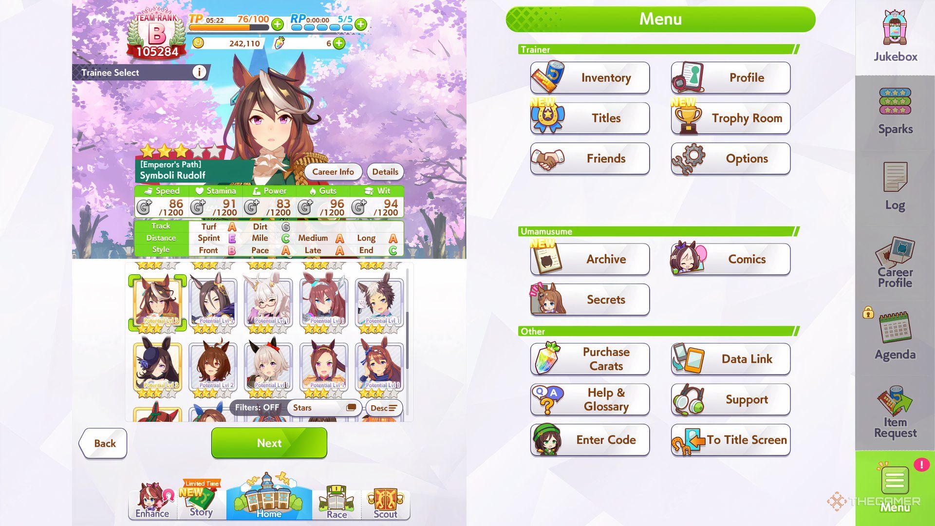 Symboli Rudolf is shown in character selecter in Umamusume Pretty Derby.