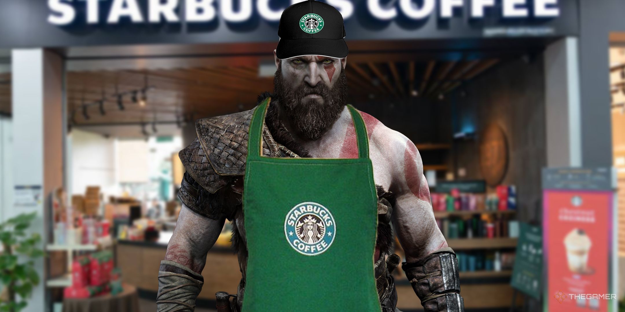 TV Korach on the Starbucks on Apron and Hat.