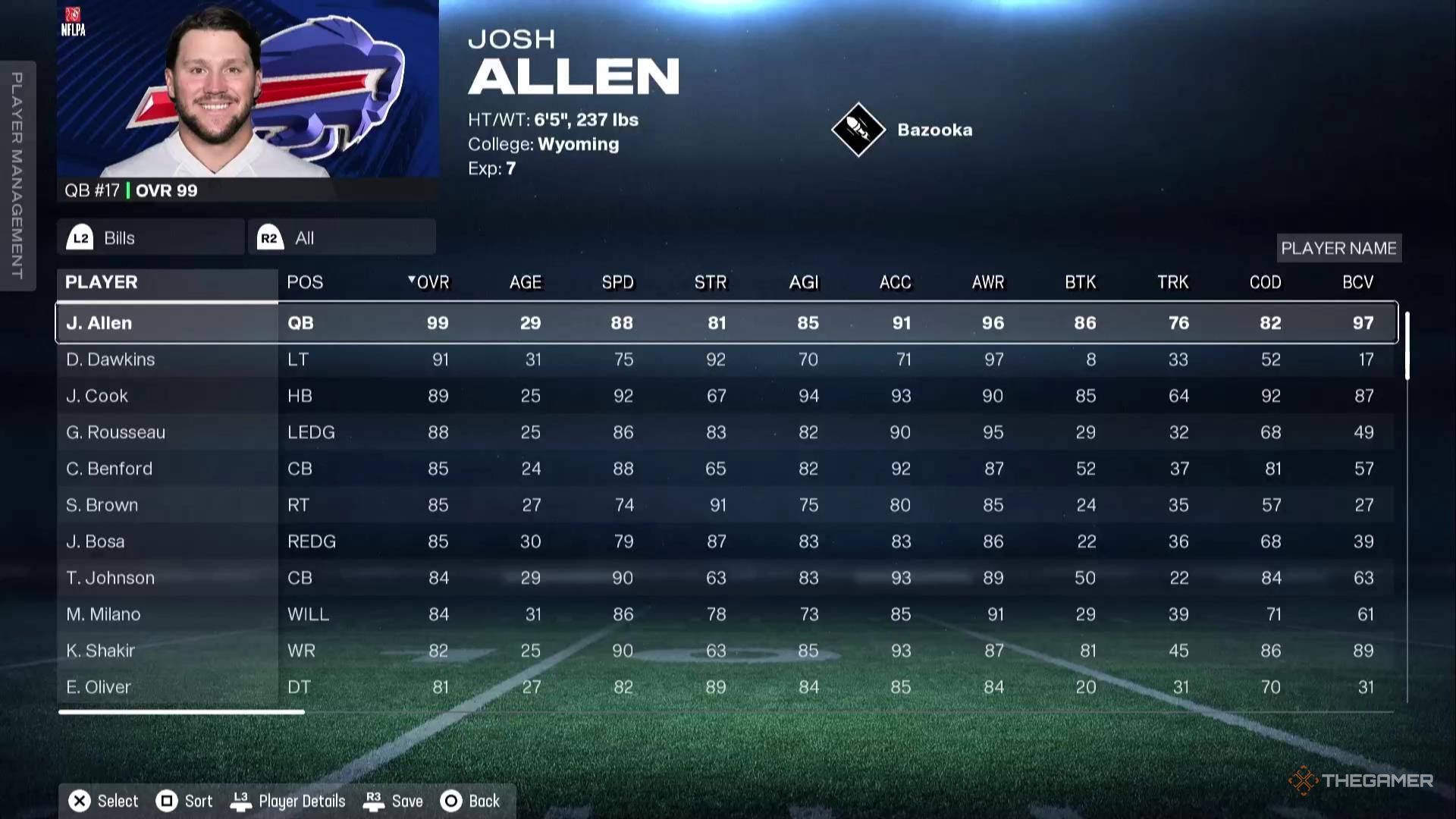 The Bills roster in Madden NFL 26.