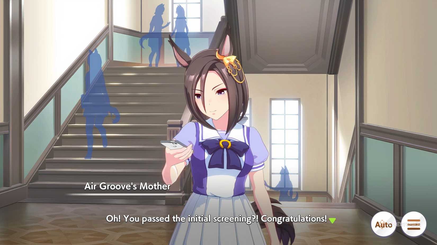 Umamusume Air Gray on the phone in the hallway.