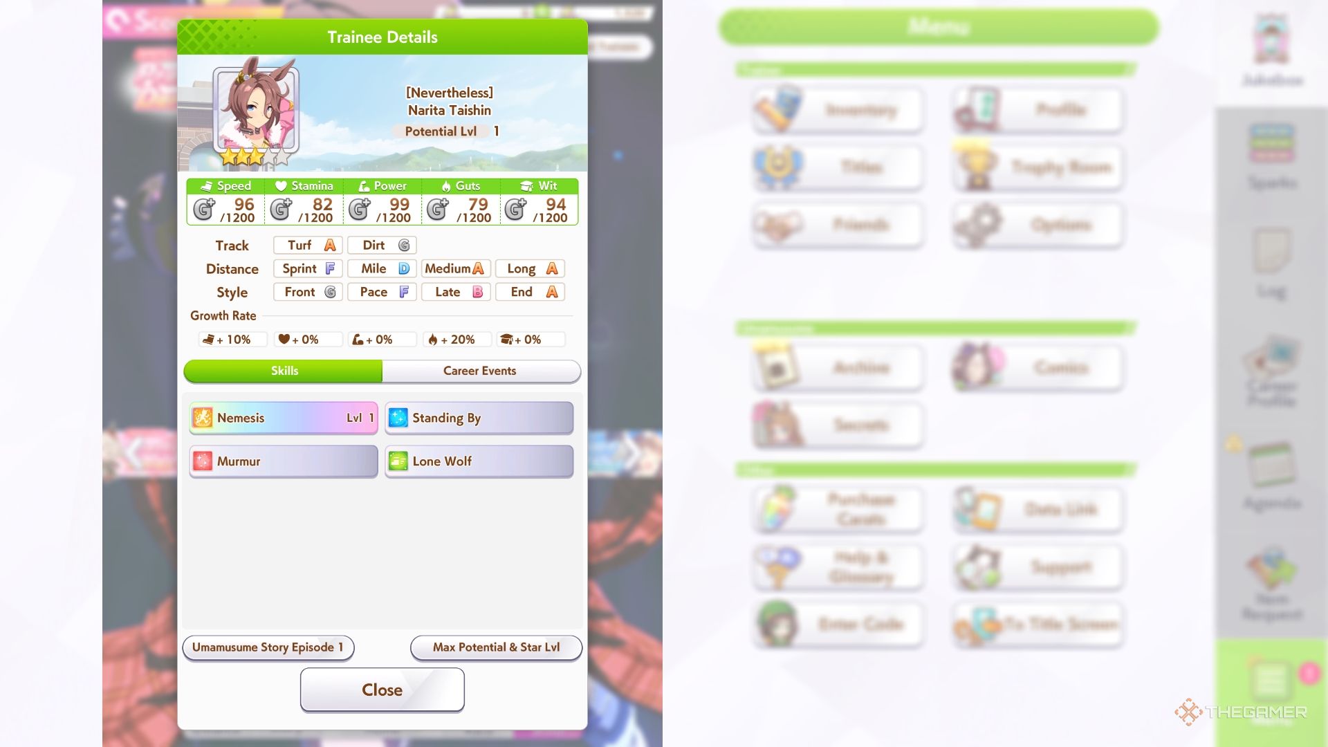 The basic statistical screen of Umamuma Pretty Derby Narita Taishin.
