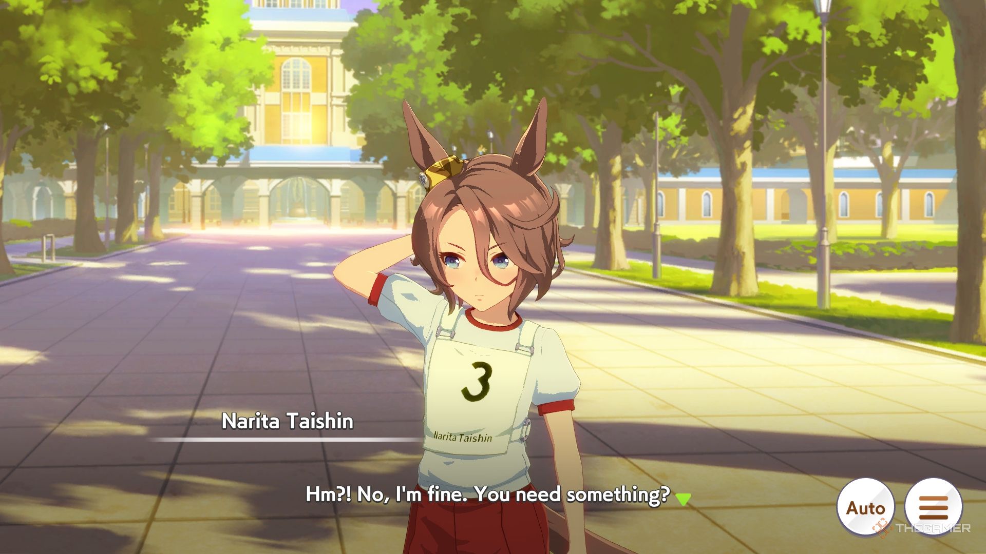 Derby Narita Taishin, a beautiful Umamuma, scratches his head on campus after a tough race.