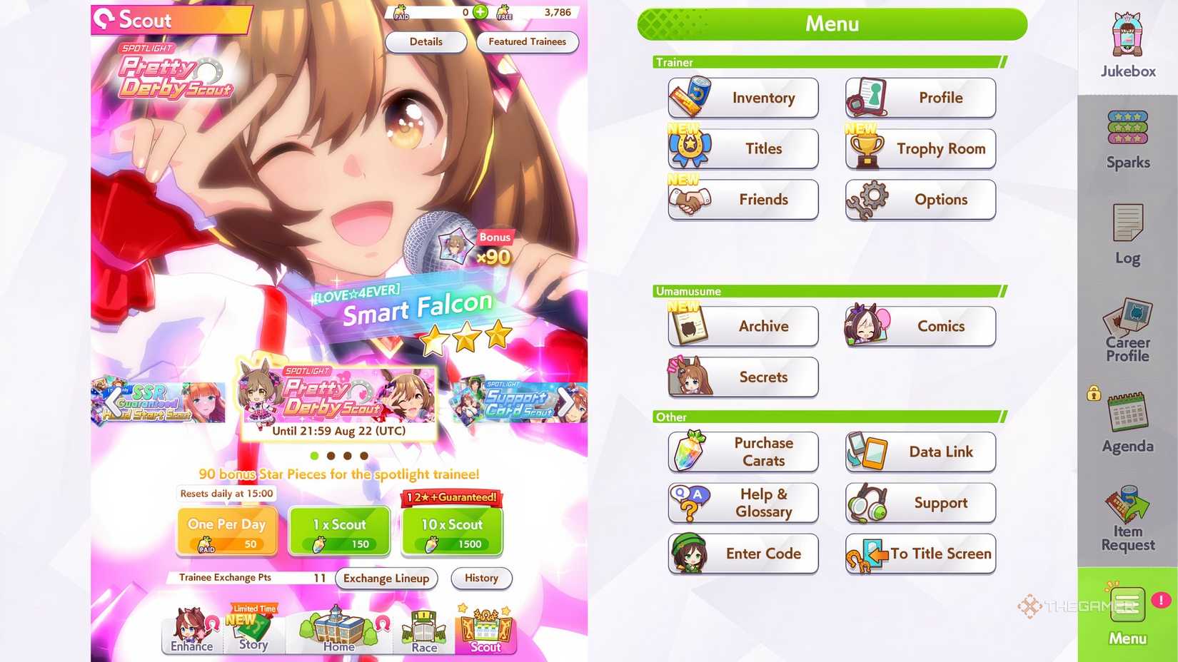 Umamuma Pretty Derby Spotlight menu features smart Falcon songs.