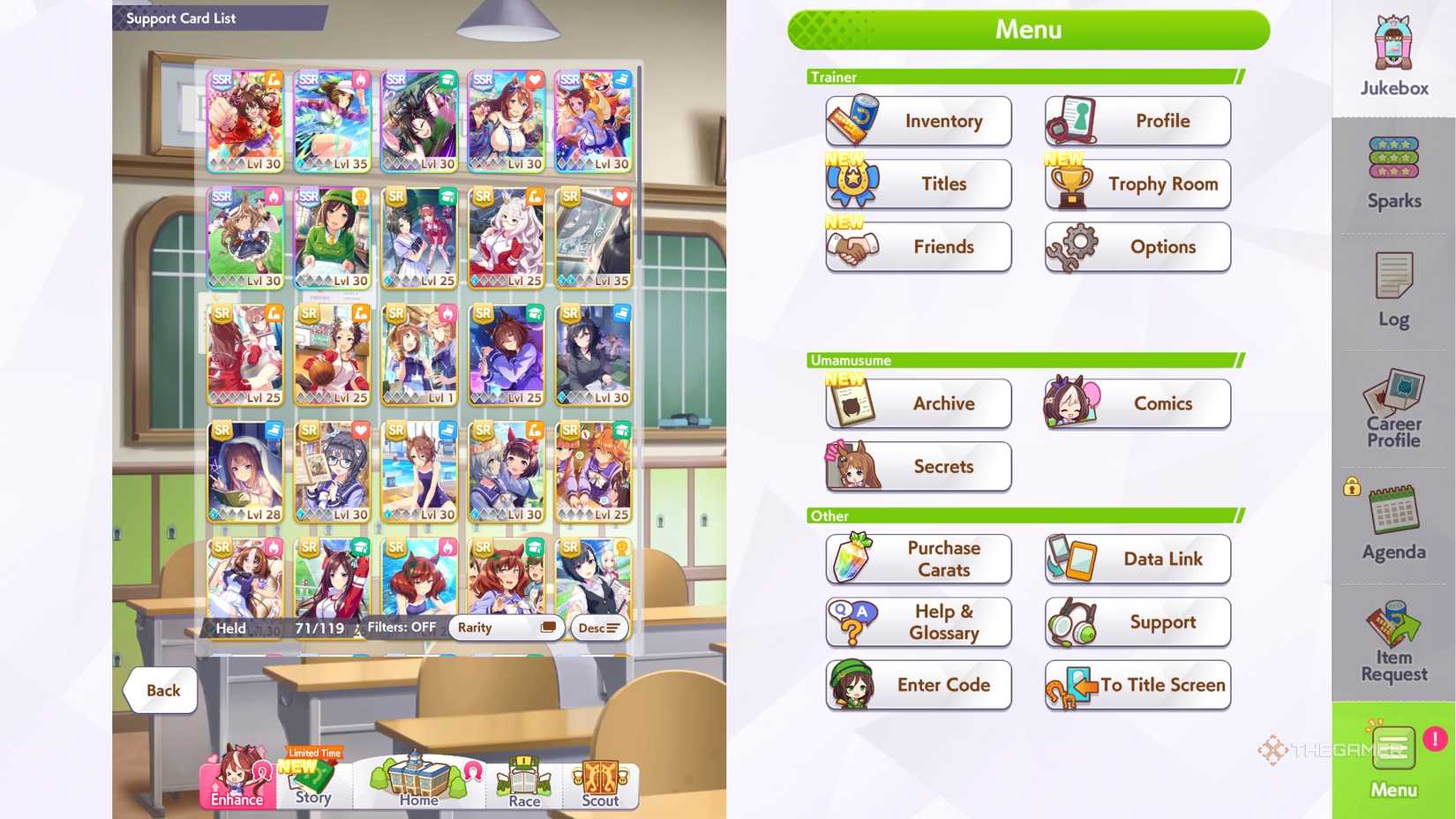 Umamuma Pretty Derby Support Card List Menu.