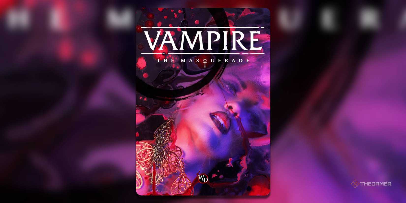 the cover of vampire: the masquerade 5th edition features a dreamlike feminine face in purple and pink hues.