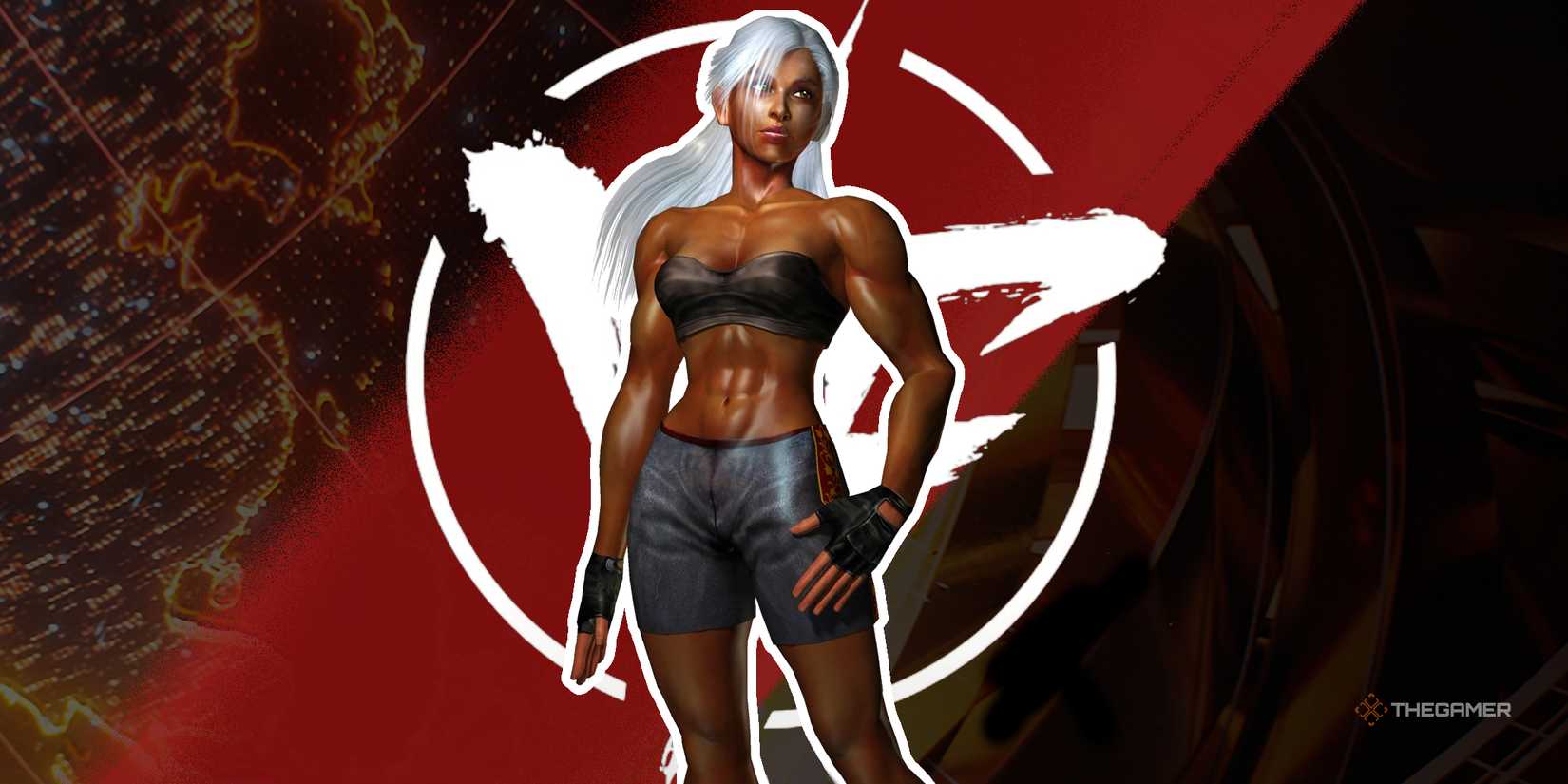 Vanessa Lewis poses in front of the Virtua Fighter 6 logo.