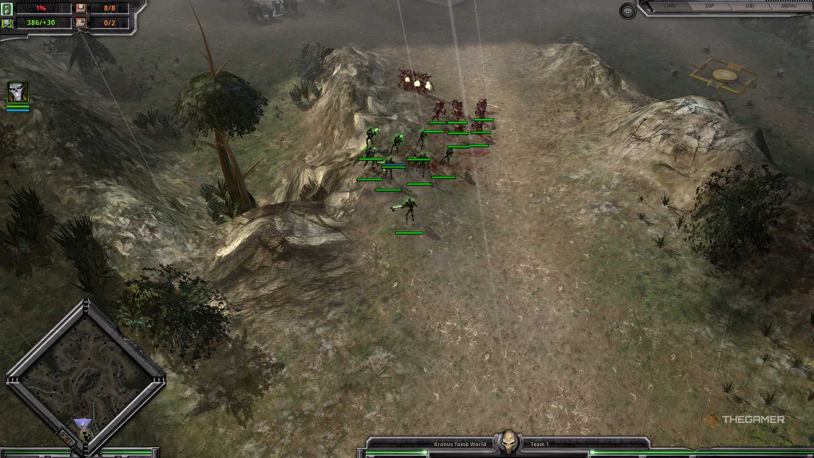 The player's Necron units defending a position from Space Marines in Warhammer 40K: Dawn of War - Definitive Edition. 